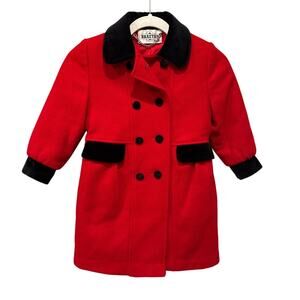 Vintage Braetan Kids Poppy Red GIrls Wool Pea Coat Sz 5 Velvet Trim Made in USA‎